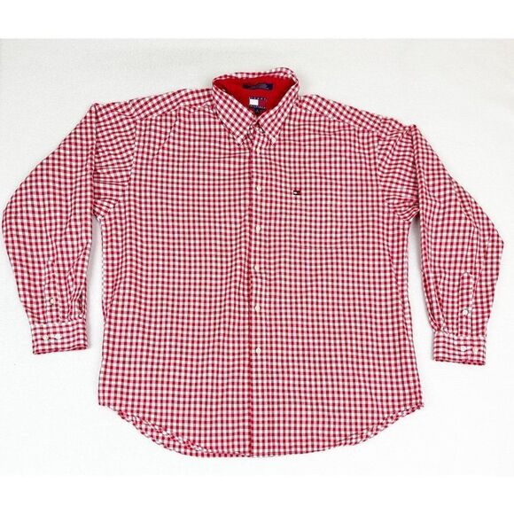 Vintage 90s Tommy Hilfiger Button Front Shirt XL Checkered Tablecloth Red White - Picture 1 of 9
